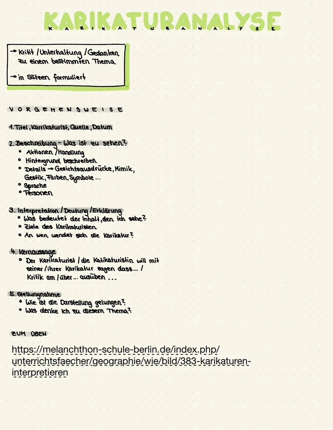 4
•Kritit / Unterhaltung / Gedanken
zu einem bestimmten Thema.
→in Sätzen formuliert
KARIKATURANALYSE
VORGEHENSWEISE
1. Titel, Karrikaturist