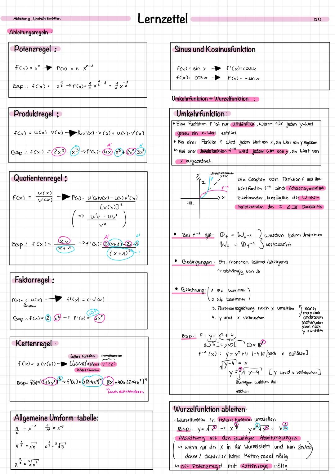 Ableitung, Umkehr funktion
Ableitungsregeln
Potenzregel:
f(x) = x^
Bsp.: f(x)= x² -> f'(x)= ½ x ² −1
Produktregel:
Bsp: f(x) = (2x²
f(x) = u