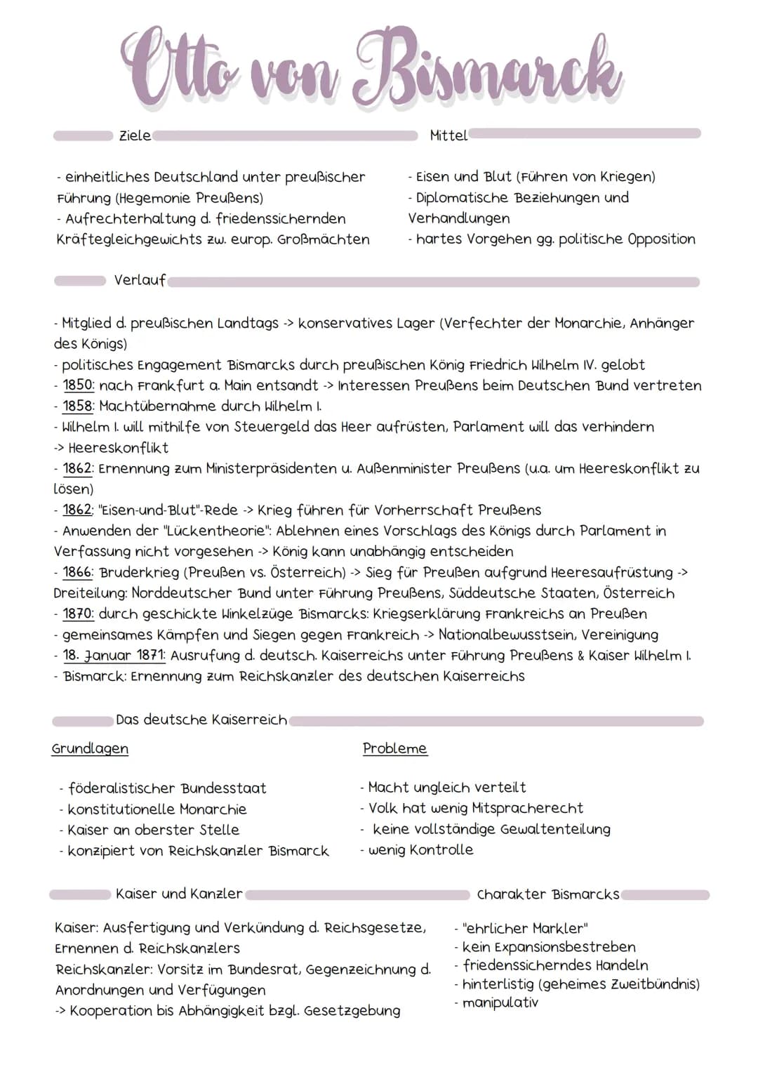 Otto von Bismarck
Ziele
- einheitliches Deutschland unter preußischer
Führung (Hegemonie Preußens)
- Aufrechterhaltung d. friedenssichernden