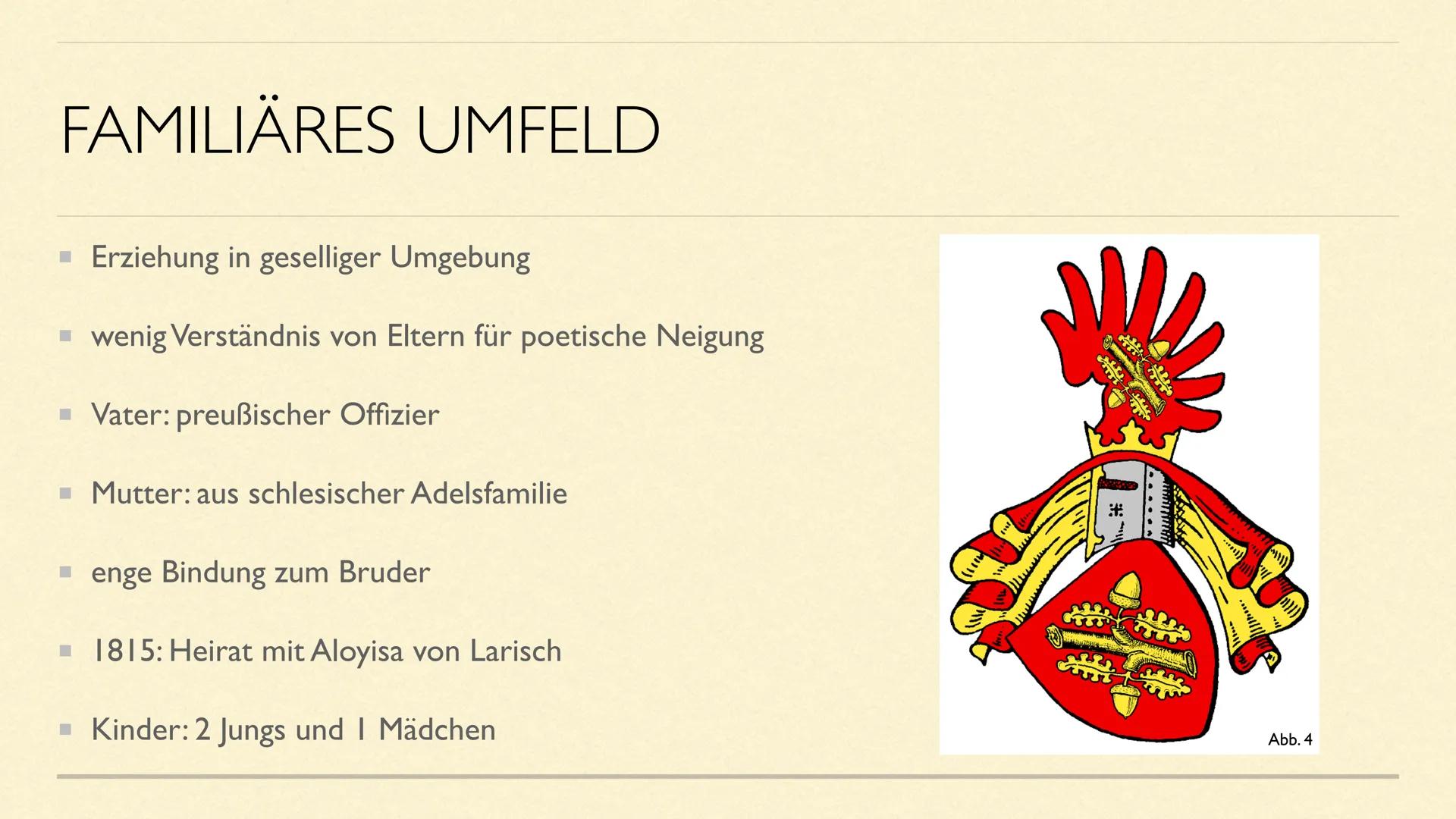 Abb. I
JOSEPH VON EICHENDORFF
Eine Präsentation von Queenie D. und Linda H. GLIEDERUNG
Lebenslauf
■ Familiäres Umfeld
Stellung zur Französis