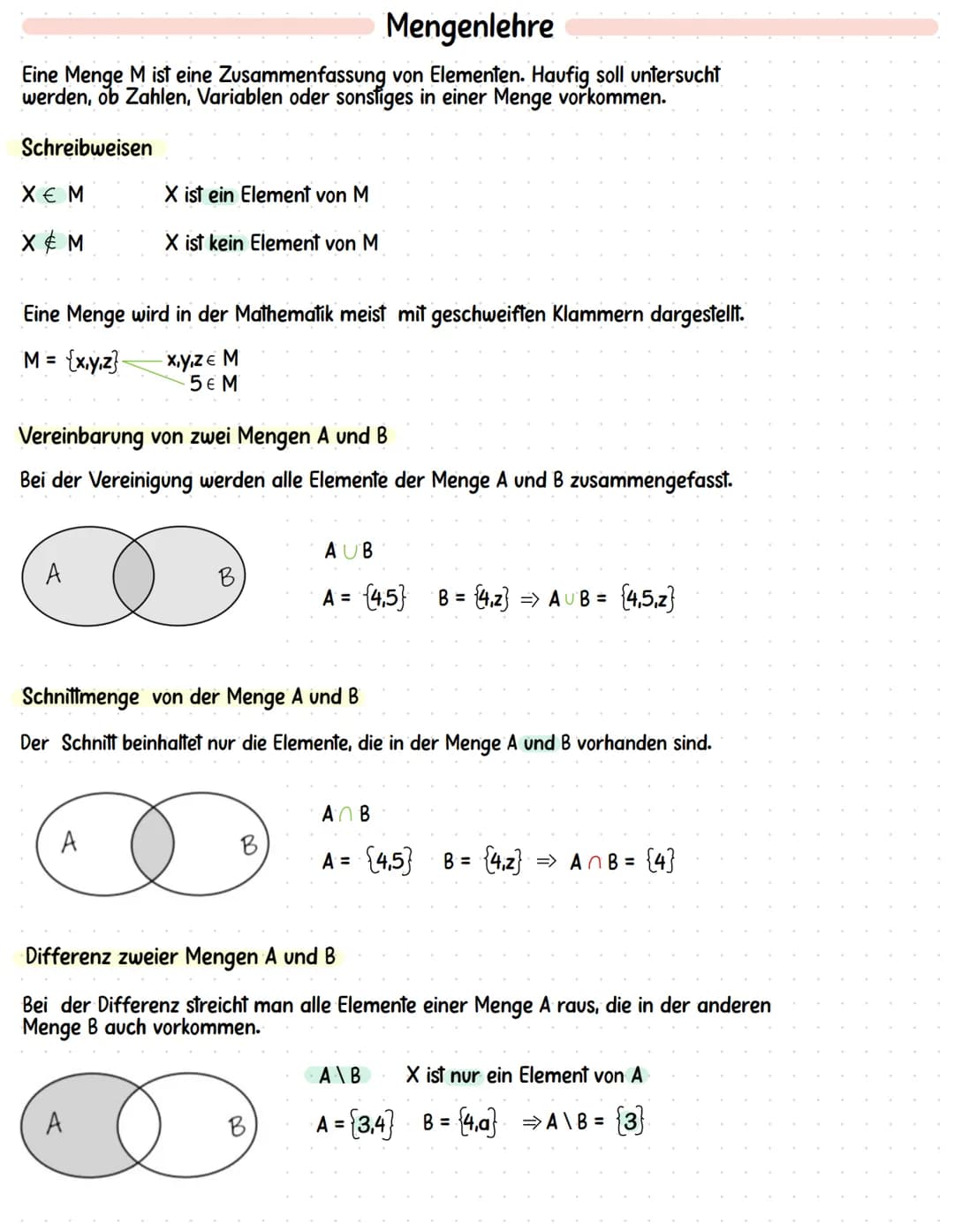Mengenlehre
Eine Menge M ist eine Zusammenfassung von Elementen. Haufig soll untersucht
werden, ob Zahlen, Variablen oder sonstiges in einer