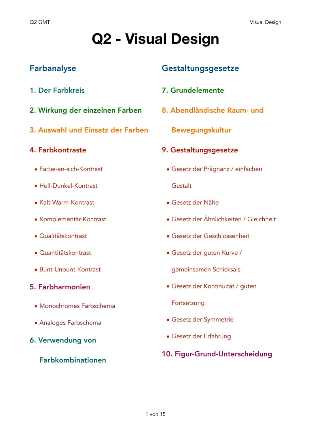 Q2 GMT
Farbanalyse
1. Der Farbkreis
2. Wirkung der einzelnen Farben
3. Auswahl und Einsatz der Farben
4. Farbkontraste
• Farbe-an-sich-Kontr
