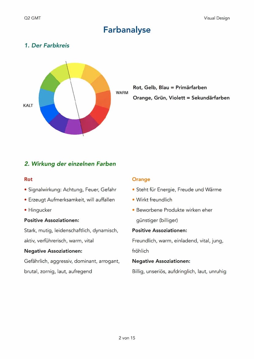 Q2 GMT
Farbanalyse
1. Der Farbkreis
2. Wirkung der einzelnen Farben
3. Auswahl und Einsatz der Farben
4. Farbkontraste
• Farbe-an-sich-Kontr