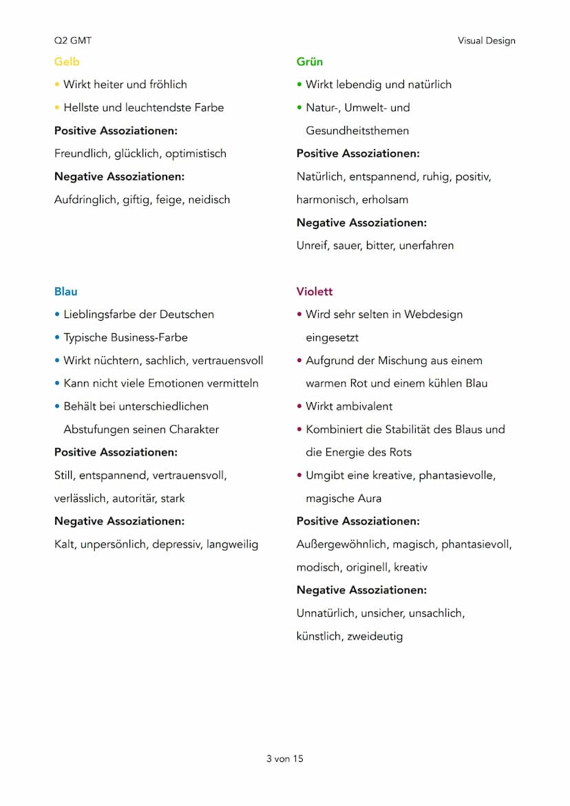 Q2 GMT
Farbanalyse
1. Der Farbkreis
2. Wirkung der einzelnen Farben
3. Auswahl und Einsatz der Farben
4. Farbkontraste
• Farbe-an-sich-Kontr