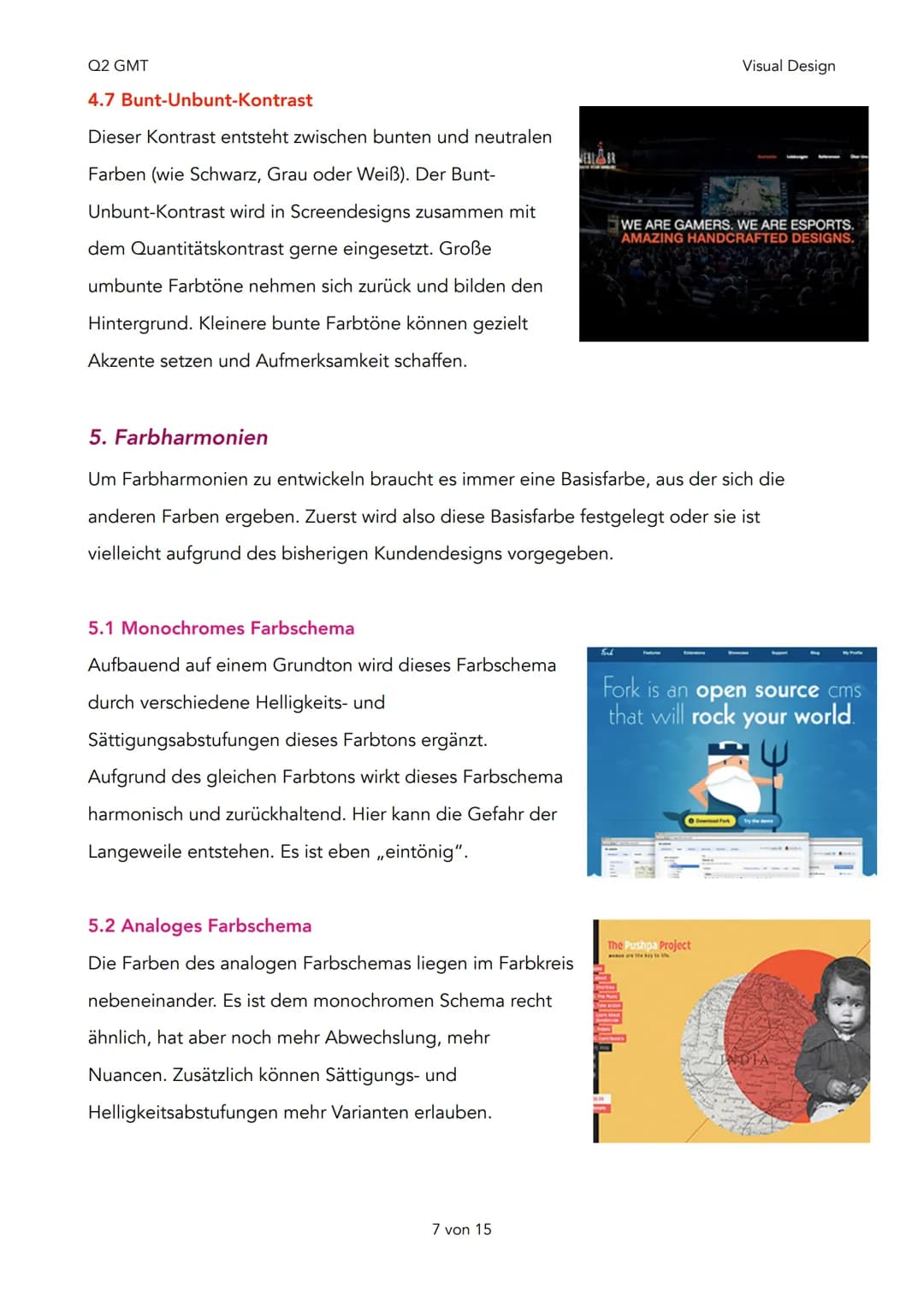 Q2 GMT
Farbanalyse
1. Der Farbkreis
2. Wirkung der einzelnen Farben
3. Auswahl und Einsatz der Farben
4. Farbkontraste
• Farbe-an-sich-Kontr