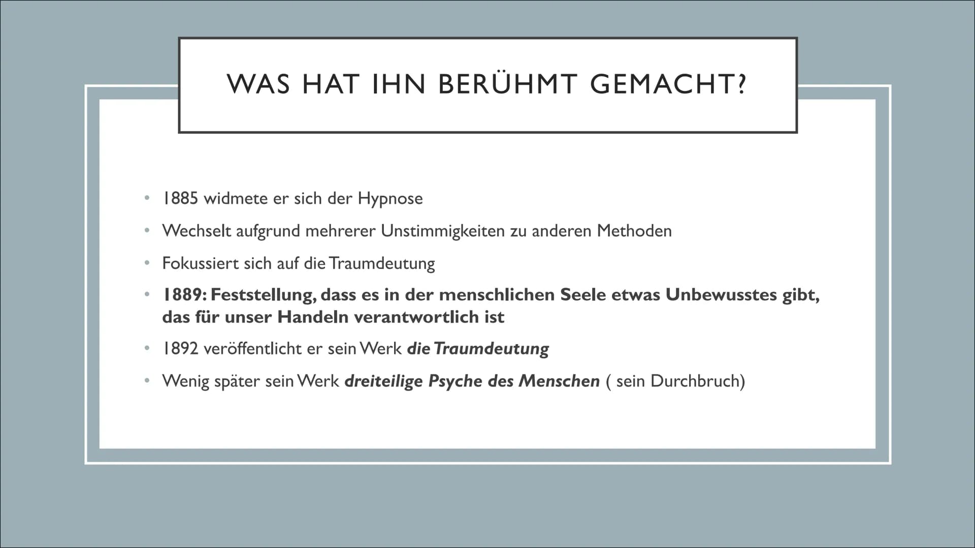 SIGMUND FREUD
Eine Präsentation von Luzie und Leonie T. 1) Kurzbiografie
a) Wer war Sigmund Freud?
b) Kindheit und Ausbildung
c) Akademische