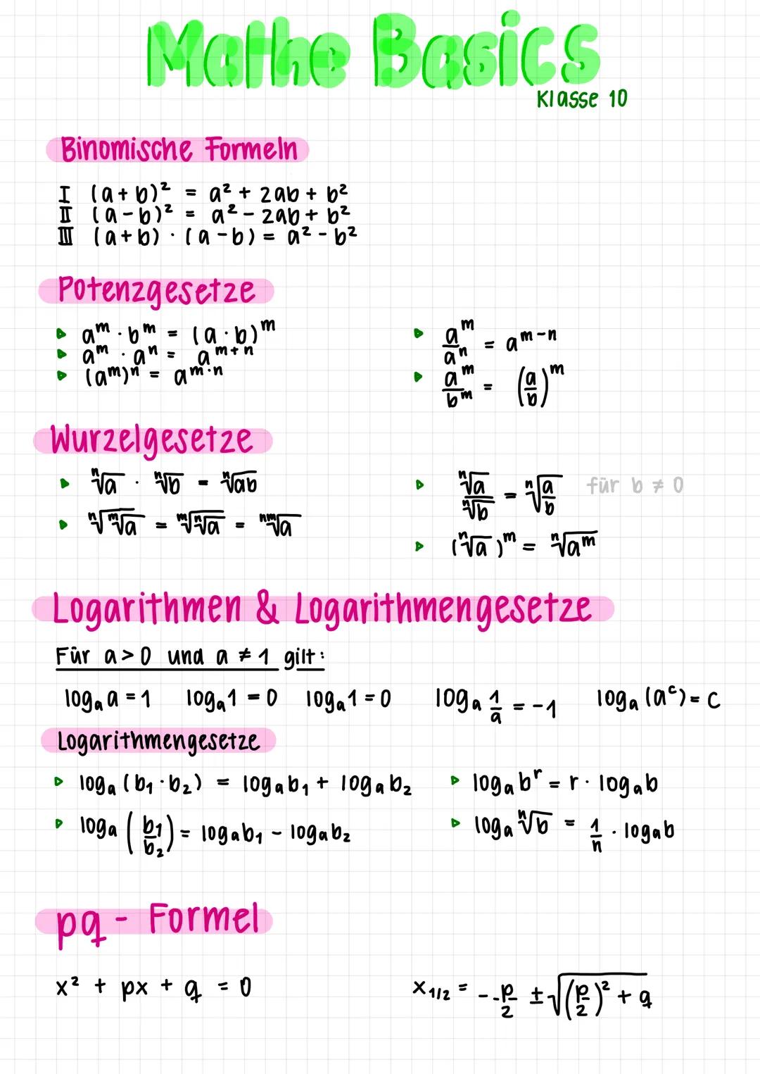 Binomische Formeln
(a + b)²
=
(a-b)²
(a+b) (a - b)
I
I
II
▶
Potenzgesetze
от
an
m
a
am
• (am)n
Mathe Basics
▶
.
=
a² + 2ab + b²
a²-2ab + b²
