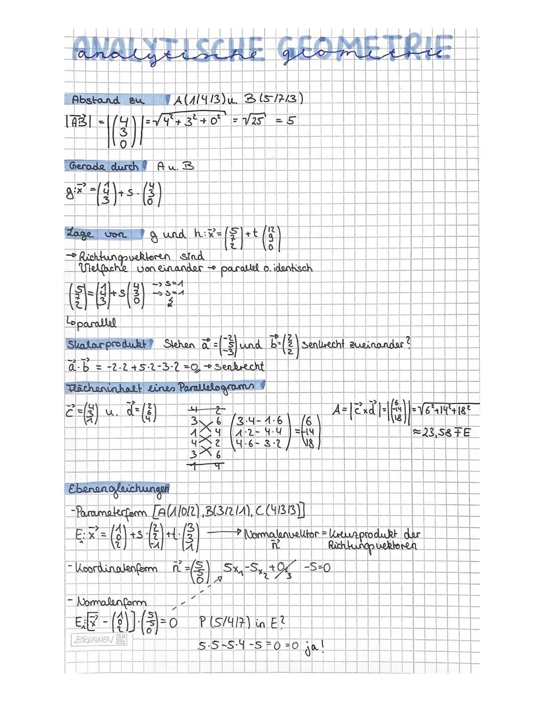 ANALYTISCHE GEOMETRIE
anal
Abstand zu
[(3)]
|AB|
JMO
Gerade durch
g=x² =
1+S
A(1/4/3) u. 3 (5/7/3)
= √√√ 4 ² + 3² + 0² = √25 = 5
+ S
Au. B
L