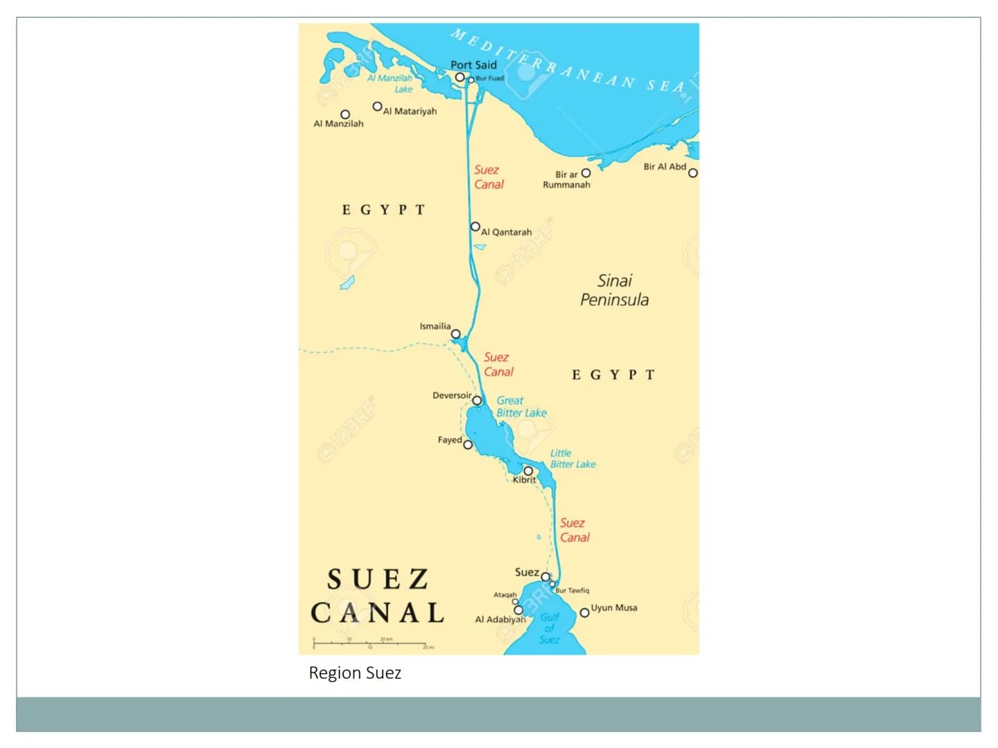 Der Suezkanal
Wie und warum prägt der Mensch Räume?
1. Allgemeine Informationen
Schifffahrtskanal zwischen Port Said und Port Taufiq (Ägypte