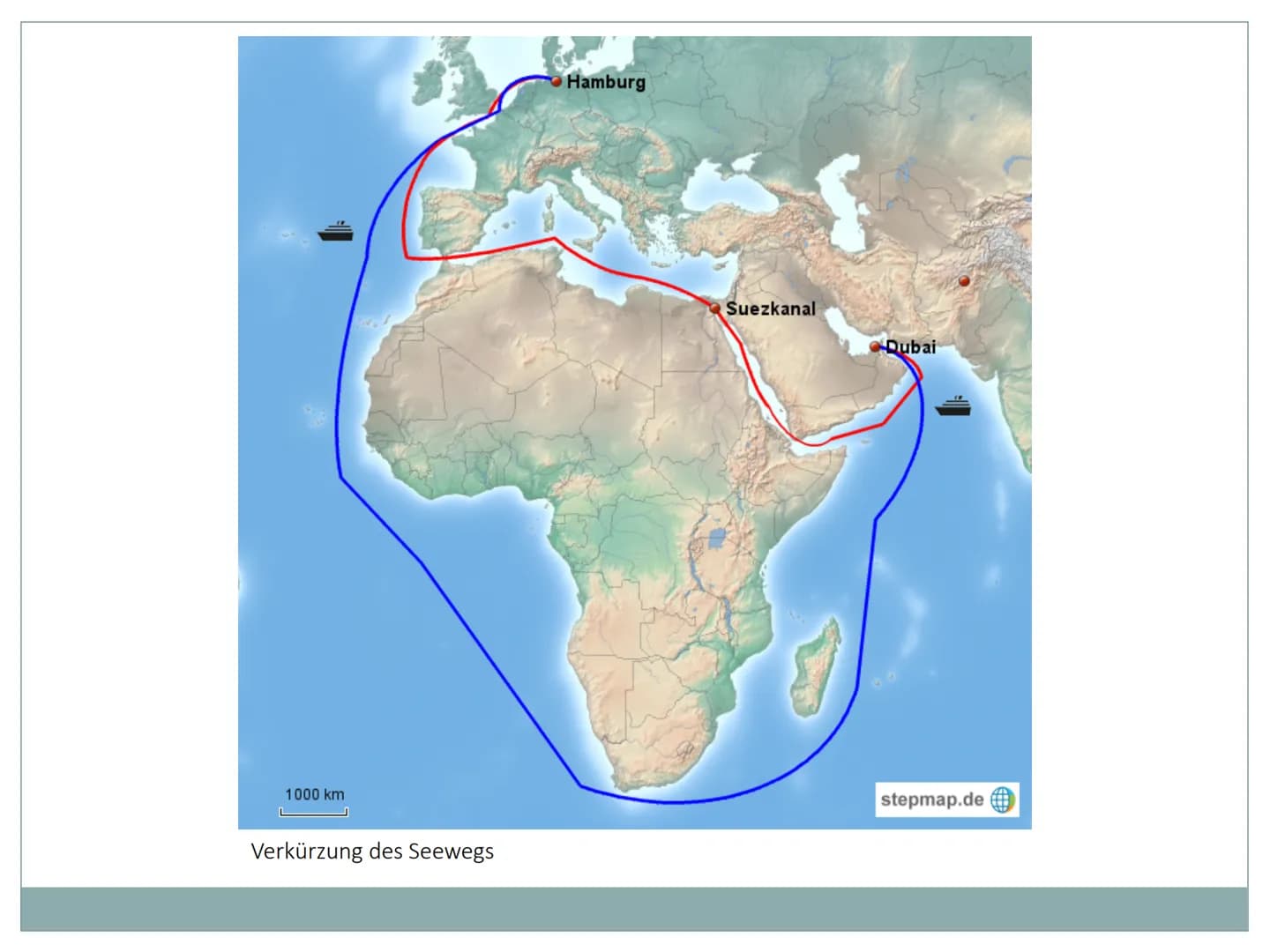 Der Suezkanal
Wie und warum prägt der Mensch Räume?
1. Allgemeine Informationen
Schifffahrtskanal zwischen Port Said und Port Taufiq (Ägypte