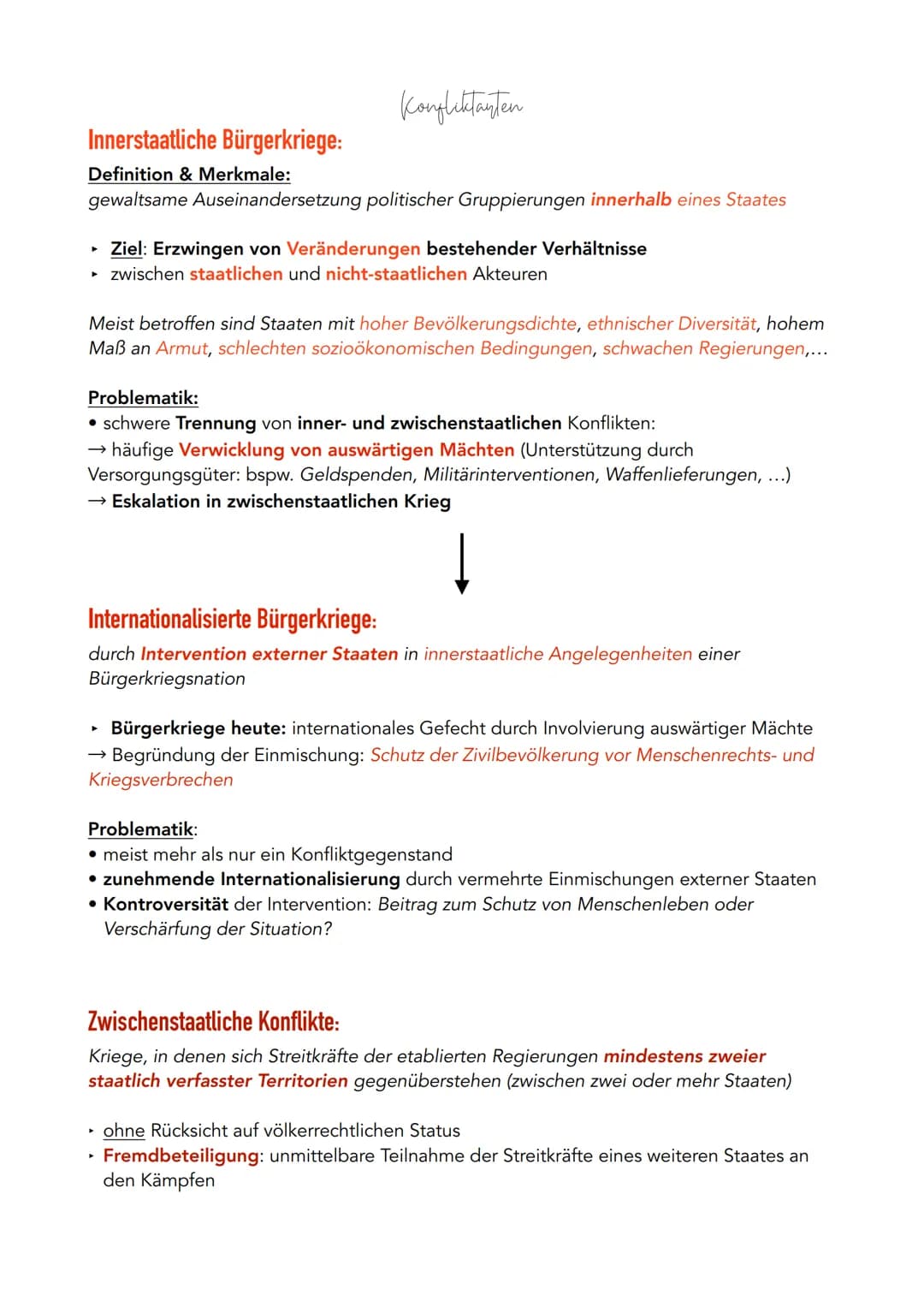 Krieg:
Definition & Merkmale:
• organisierter bewaffneter Kampf zwischen Staaten oder Staatengruppen
• Ziel: Interessendurchsetzung → Konfli