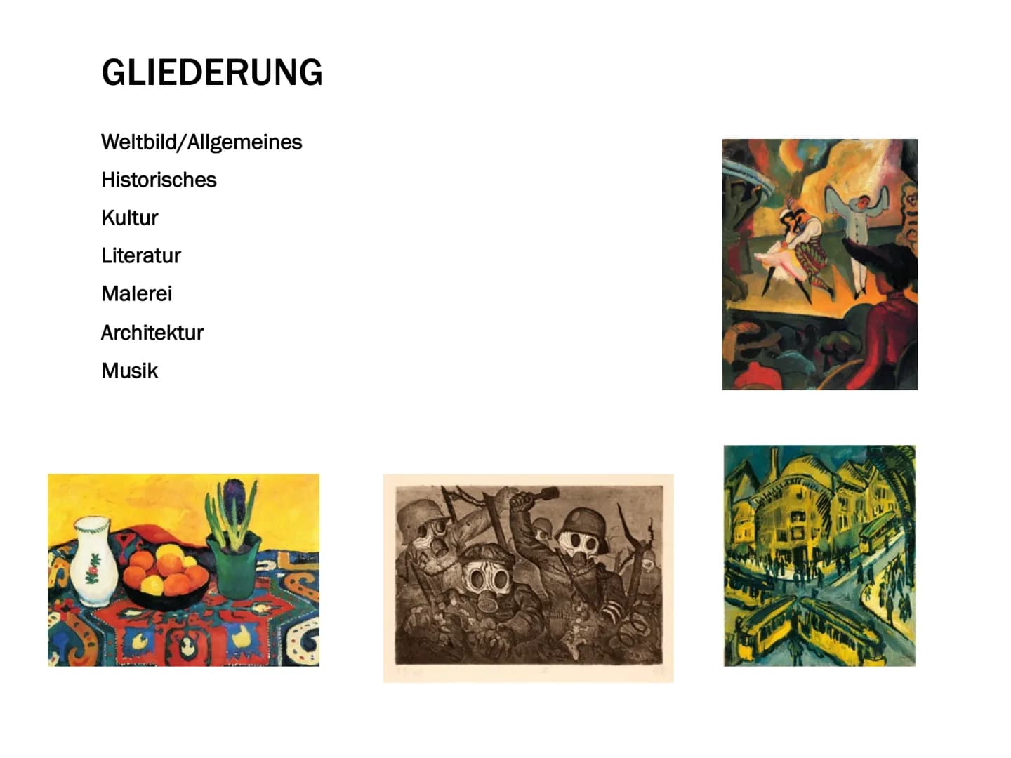EXPRESSIONISMUS GLIEDERUNG
Weltbild/Allgemeines
Wass
Historisches
Kultur
Literatur
Malerei
Architektur
Musik
Teror WELTBILD/ALLGEMEINES
●
Wi