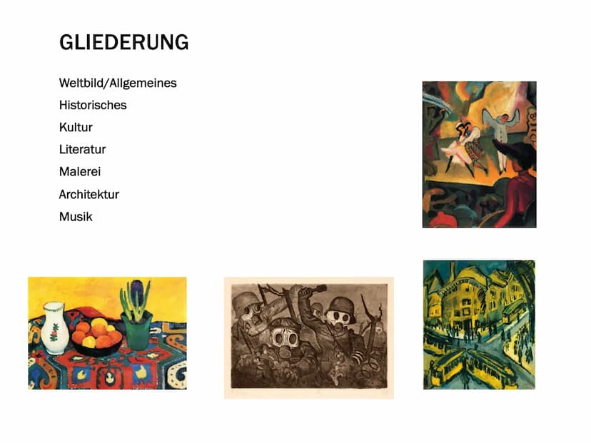 EXPRESSIONISMUS GLIEDERUNG
Weltbild/Allgemeines
Wass
Historisches
Kultur
Literatur
Malerei
Architektur
Musik
Teror WELTBILD/ALLGEMEINES
●
Wi