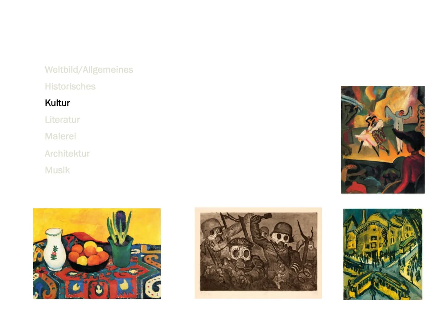 EXPRESSIONISMUS GLIEDERUNG
Weltbild/Allgemeines
Wass
Historisches
Kultur
Literatur
Malerei
Architektur
Musik
Teror WELTBILD/ALLGEMEINES
●
Wi