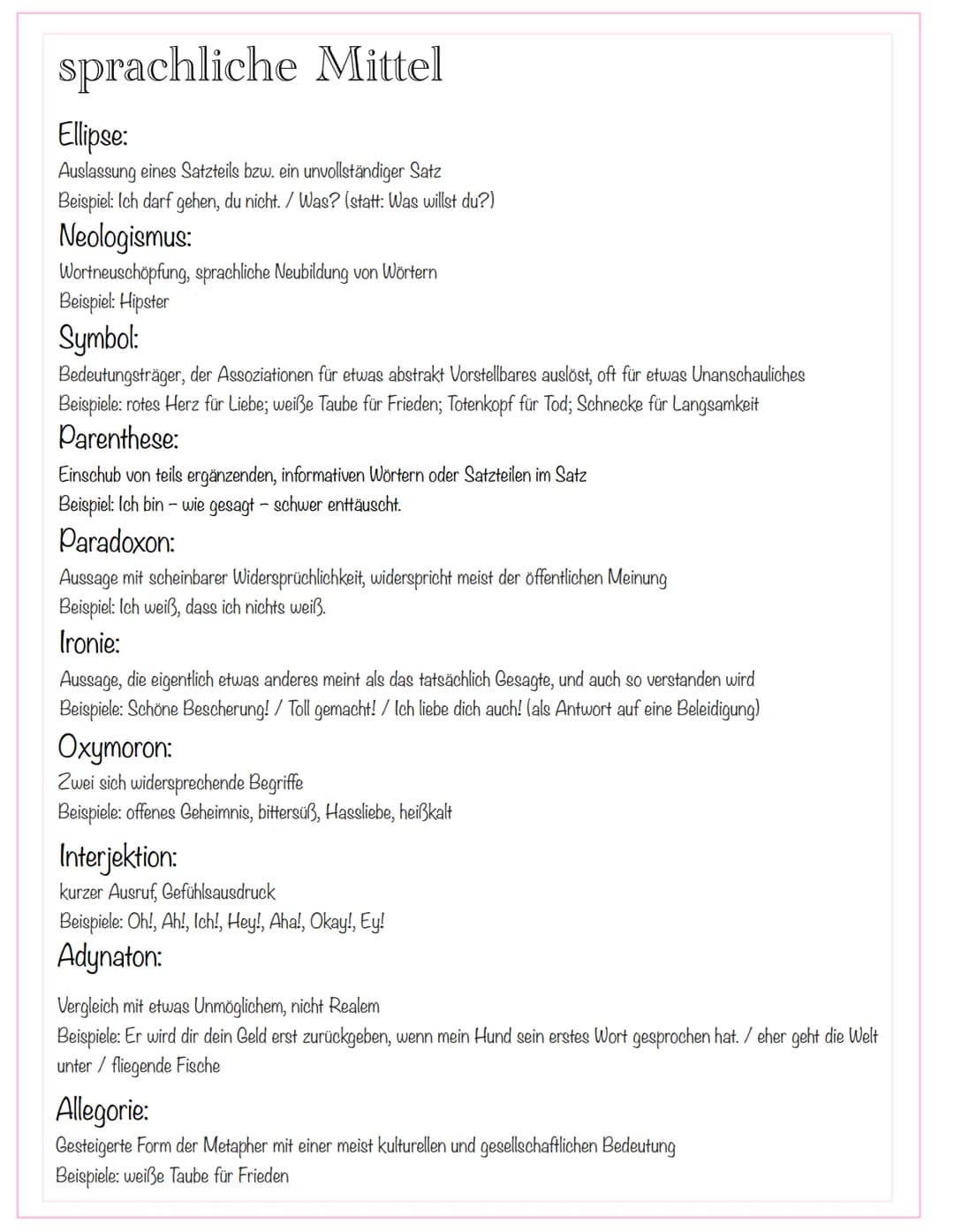 sprachliche Mittel
Metapher:
Bildlicher Vergleich und gleichzeitige Bedeutungsübertragung auf einen fremden Zusammenhang
Beispiele: rosarote