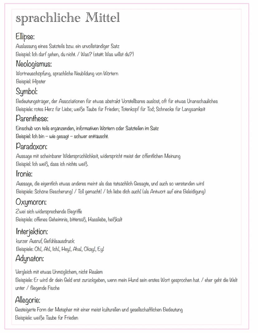 sprachliche Mittel
Metapher:
Bildlicher Vergleich und gleichzeitige Bedeutungsübertragung auf einen fremden Zusammenhang
Beispiele: rosarote