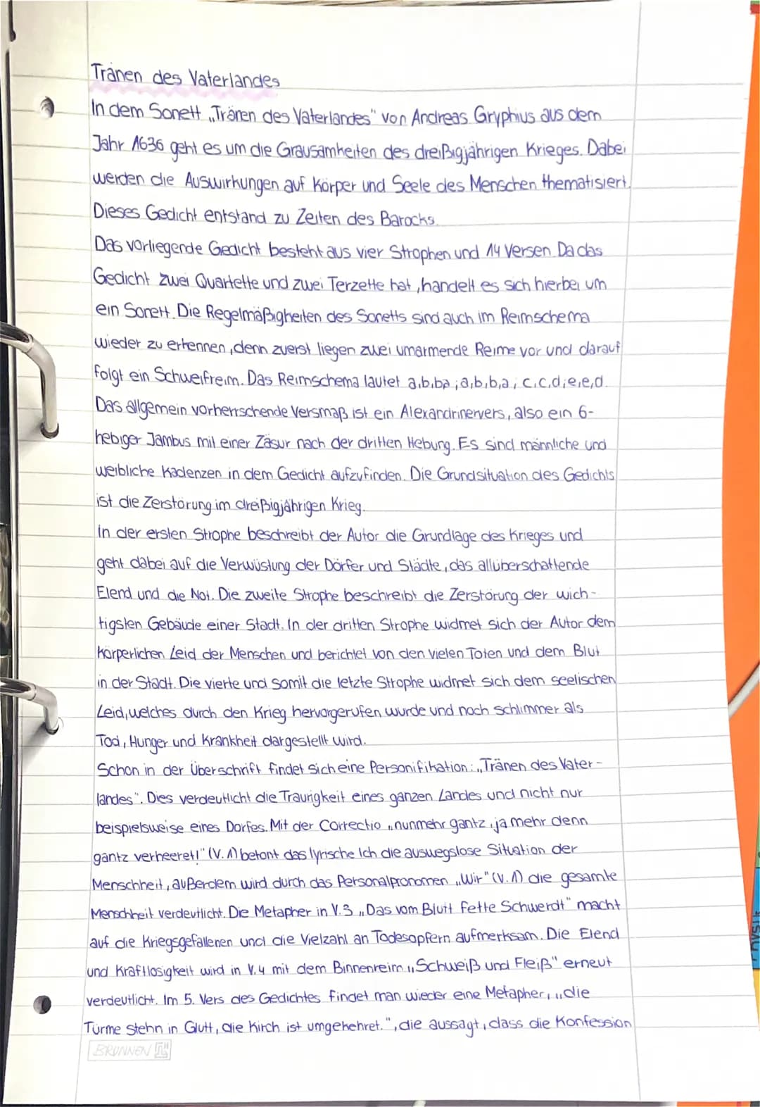 Tranen des Vaterlandes
In dem Sonett Tränen des Vaterlandes" von Andreas Gryphius aus dem
Jahr 1636 geht es um die Grausamkeiten des dreißig