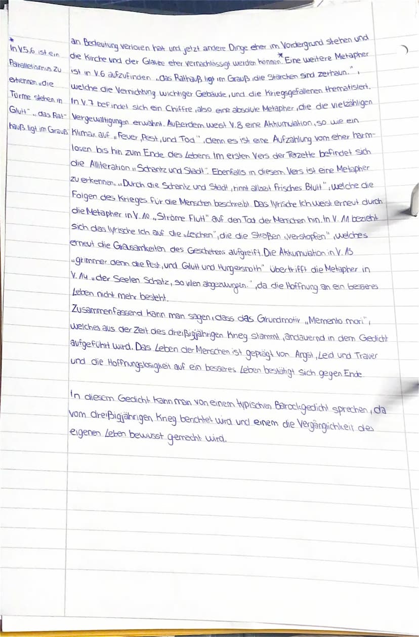 Tranen des Vaterlandes
In dem Sonett Tränen des Vaterlandes" von Andreas Gryphius aus dem
Jahr 1636 geht es um die Grausamkeiten des dreißig