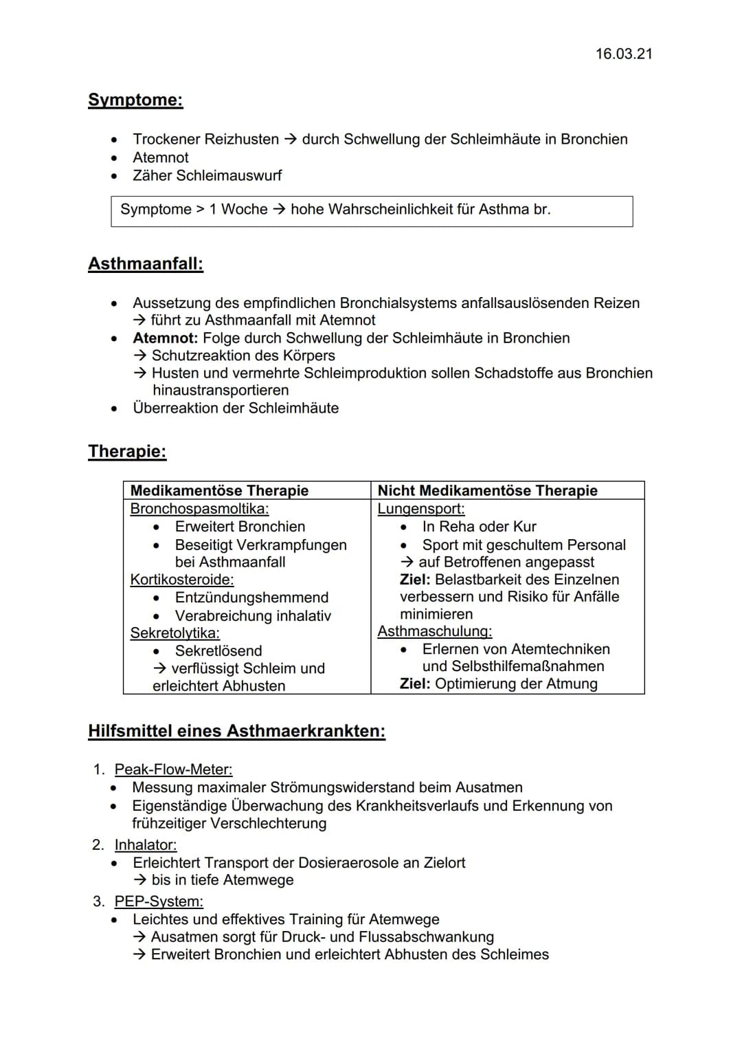 Definition:
Asthma bronchiale ist eine chronische Erkrankung der Atemwege, bei der
sich die Bronchien anfallsweise verengen.
1. Allergisches