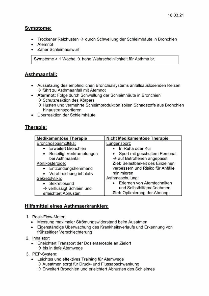 Definition:
Asthma bronchiale ist eine chronische Erkrankung der Atemwege, bei der
sich die Bronchien anfallsweise verengen.
1. Allergisches
