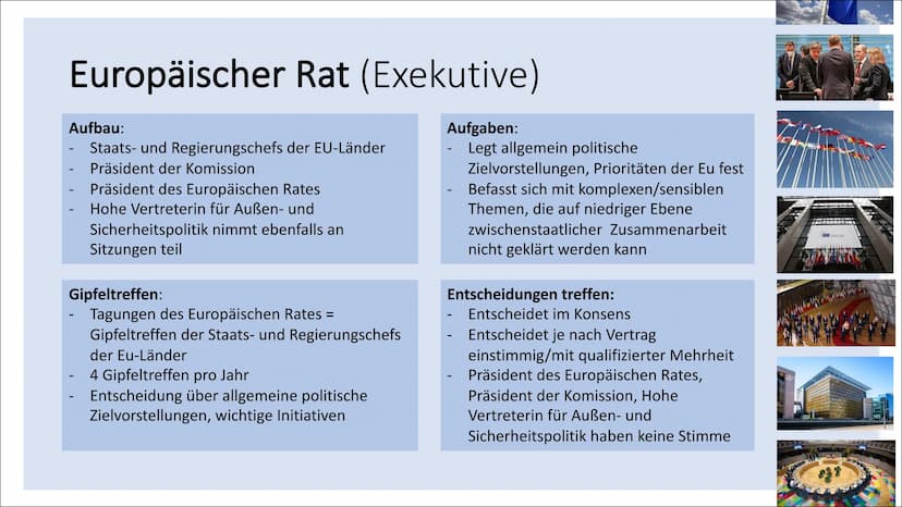 politische Institutionen
der EU Gliederung
• Europäisches Parlament
●
• Europäischer Rat
●
• Rat der Europäischen Union
Europäischer Gericht