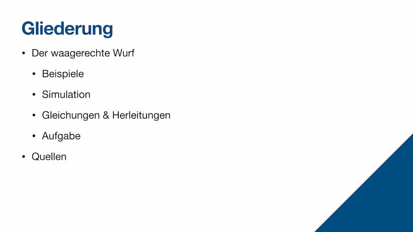 Der waagerechte Wurf
Physik Gliederung
Der waagerechte Wurf
●
●
●
●
●
Beispiele
Simulation
Gleichungen & Herleitungen
Aufgabe
Quellen Der wa