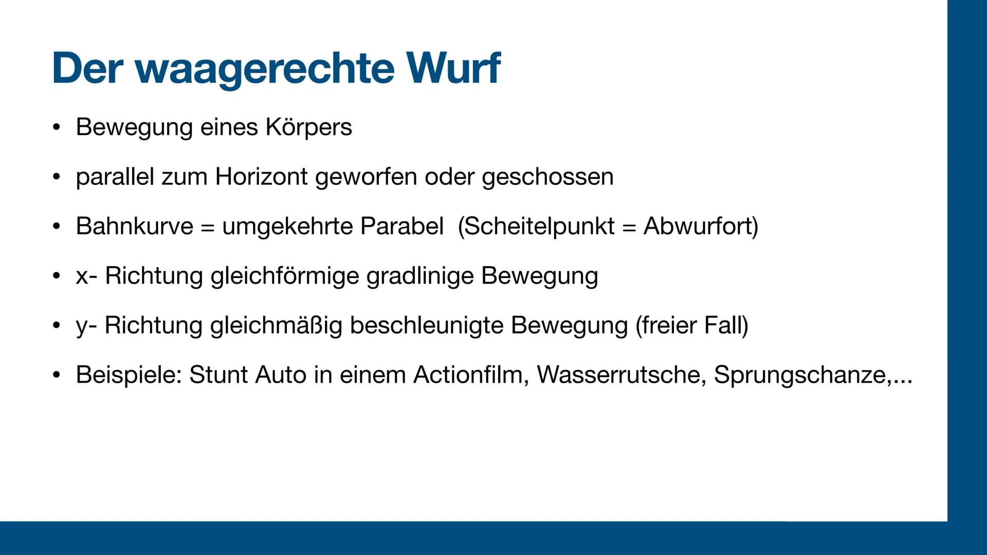 Der waagerechte Wurf
Physik Gliederung
Der waagerechte Wurf
●
●
●
●
●
Beispiele
Simulation
Gleichungen & Herleitungen
Aufgabe
Quellen Der wa