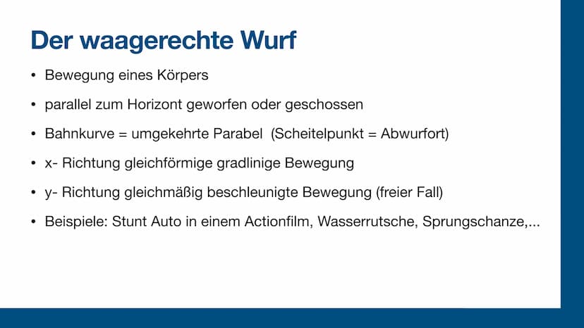 Der waagerechte Wurf
Physik Gliederung
Der waagerechte Wurf
●
●
●
●
●
Beispiele
Simulation
Gleichungen & Herleitungen
Aufgabe
Quellen Der wa