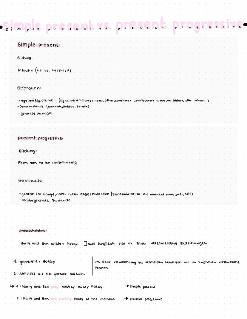 simple prese
Simple present:
Bildung:
Infinitiv (+s s bei he/she/it)
Gebrauch:
-regelmäßig, oft, nie... (signalwörter: always, never, often,