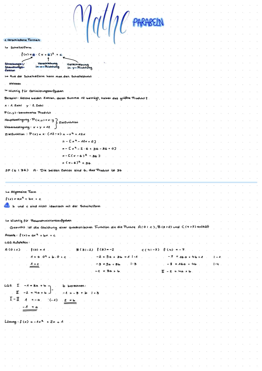 4. Verschiedene Formen
↳ Scheitelform
Streckungs-/
Stauchungs-
faktor
Aus der Scheikelform kann man den Scheitelpunkt
f(x) = a (x + 63² +
↑
