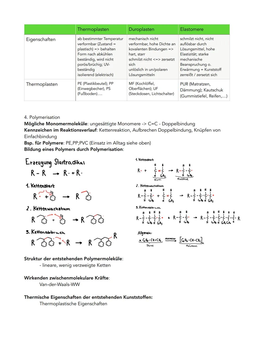 Chemie Klausur 4 10.05.
1. Kunststoffe allgemein
Kunstoff / Plaste = Wertstoff ,,besteht" wesentlichen aus makromolekularen Verbindungen, wi