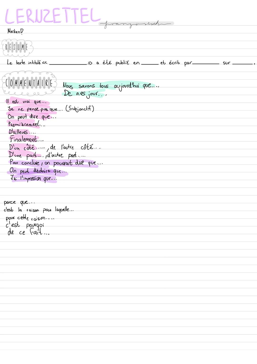 LERUZETTEL franzosisch
CRESUME
1. l'introduction
• Titel, Autor, Erscheinungsjahr, Art des Textes, Quelle
& Thema
(Actor),
Z.B. L'article/l'