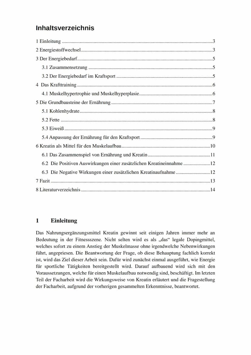 Ist eine direkte Steigerung der
Muskelmasse
durch die
Supplementierung von Kreatin
möglich?
18.02.20 Inhaltsverzeichnis
1 Einleitung
2
Energ
