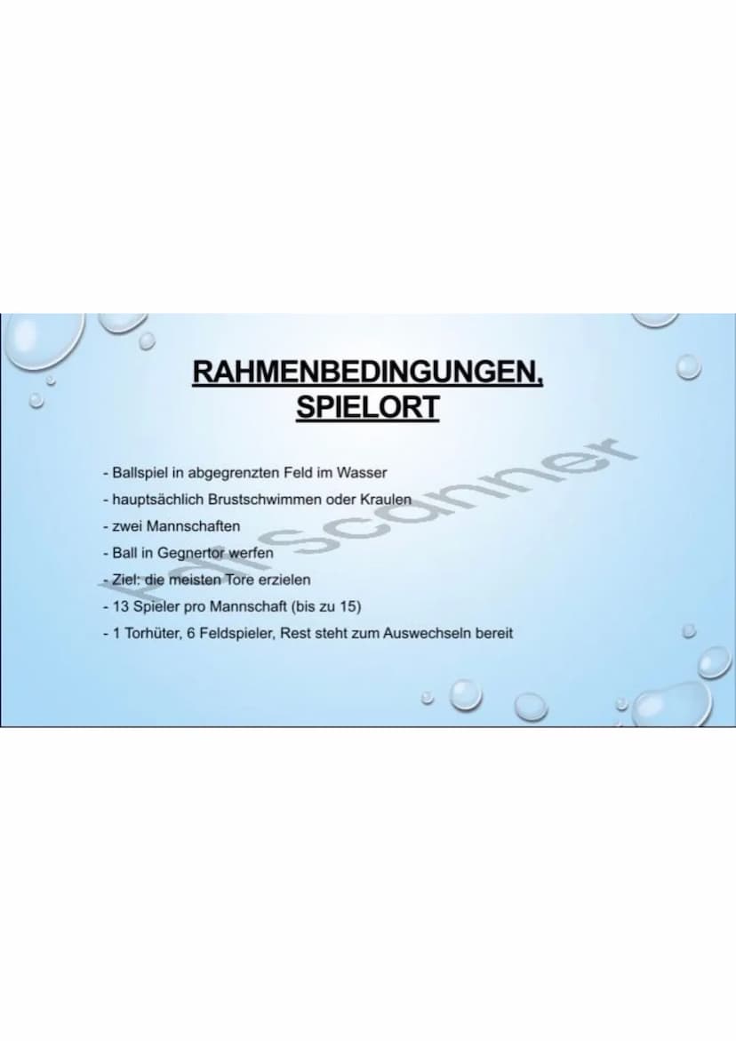 WASSERBALL
NATATION GLIEDERUNG
- Allgemeine Spielidee und Geschichte
- Rahmenbedingungen, Spielort
- Spielfeld, Ball
- Spielregeln
- Strafen