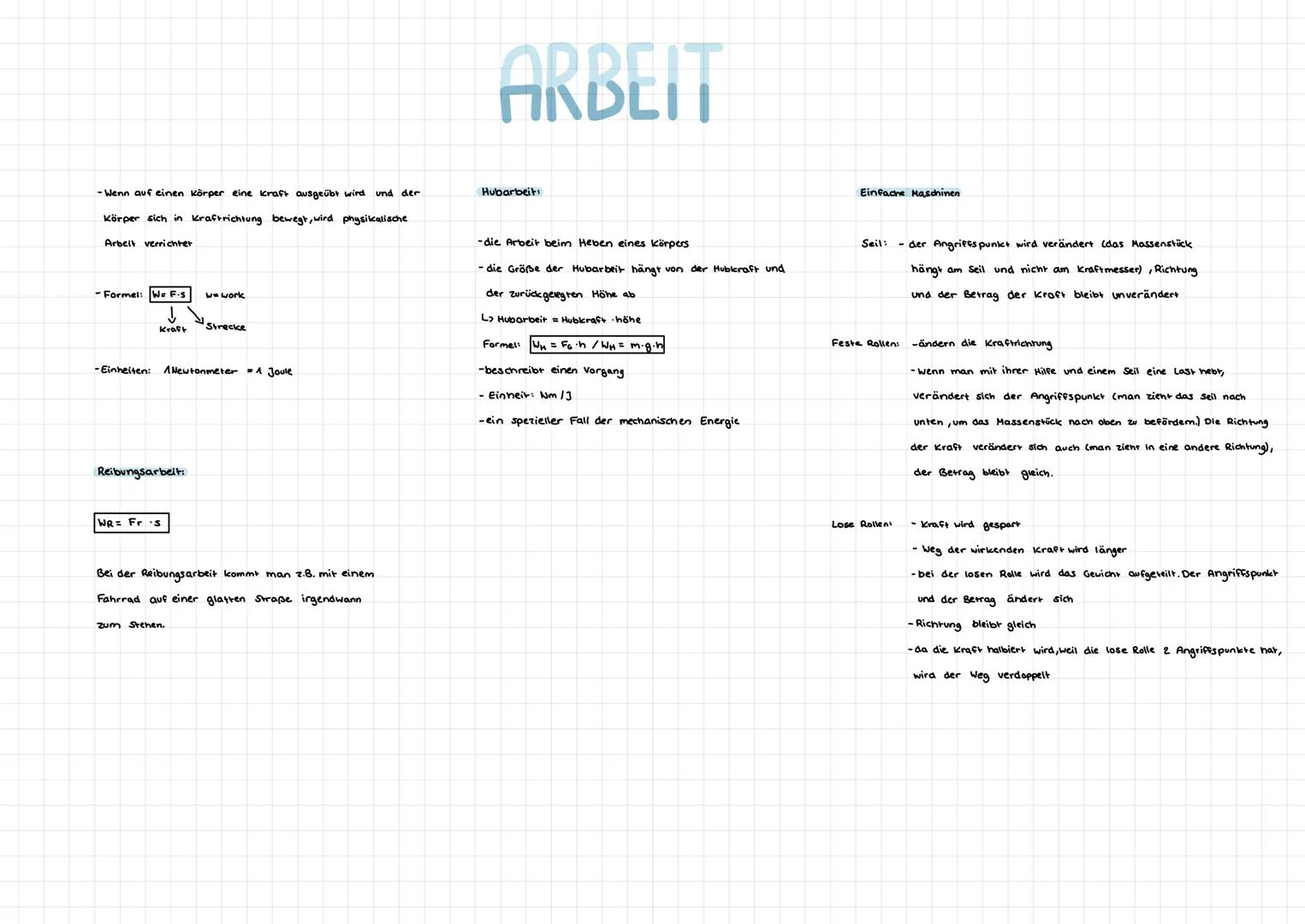 - Wenn auf einen Körper eine kraft ausgeübt wird und der
Körper sich in Kraftrichtung bewegt, wird physikalische
Arbeit verrichter
- Formel: