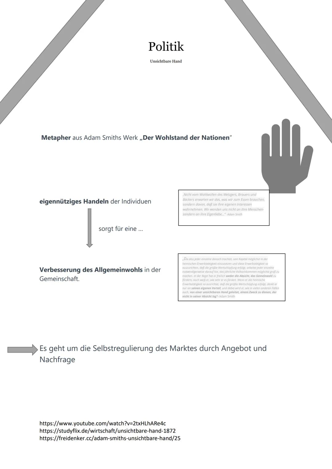 
<h2 id="einfhrung">Einführung</h2>
<p>Die Metapher der "Unsichtbaren Hand" stammt aus Adam Smiths Werk "Der Wohlstand der Nationen". Sie be