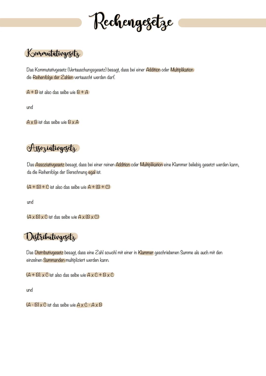 Kommutativgesetz
Das Kommutativgesetz (Vertauschungsgesetz) besagt, dass bei einer Addition oder Multiplikation
die Reihenfolge der Zahlen v