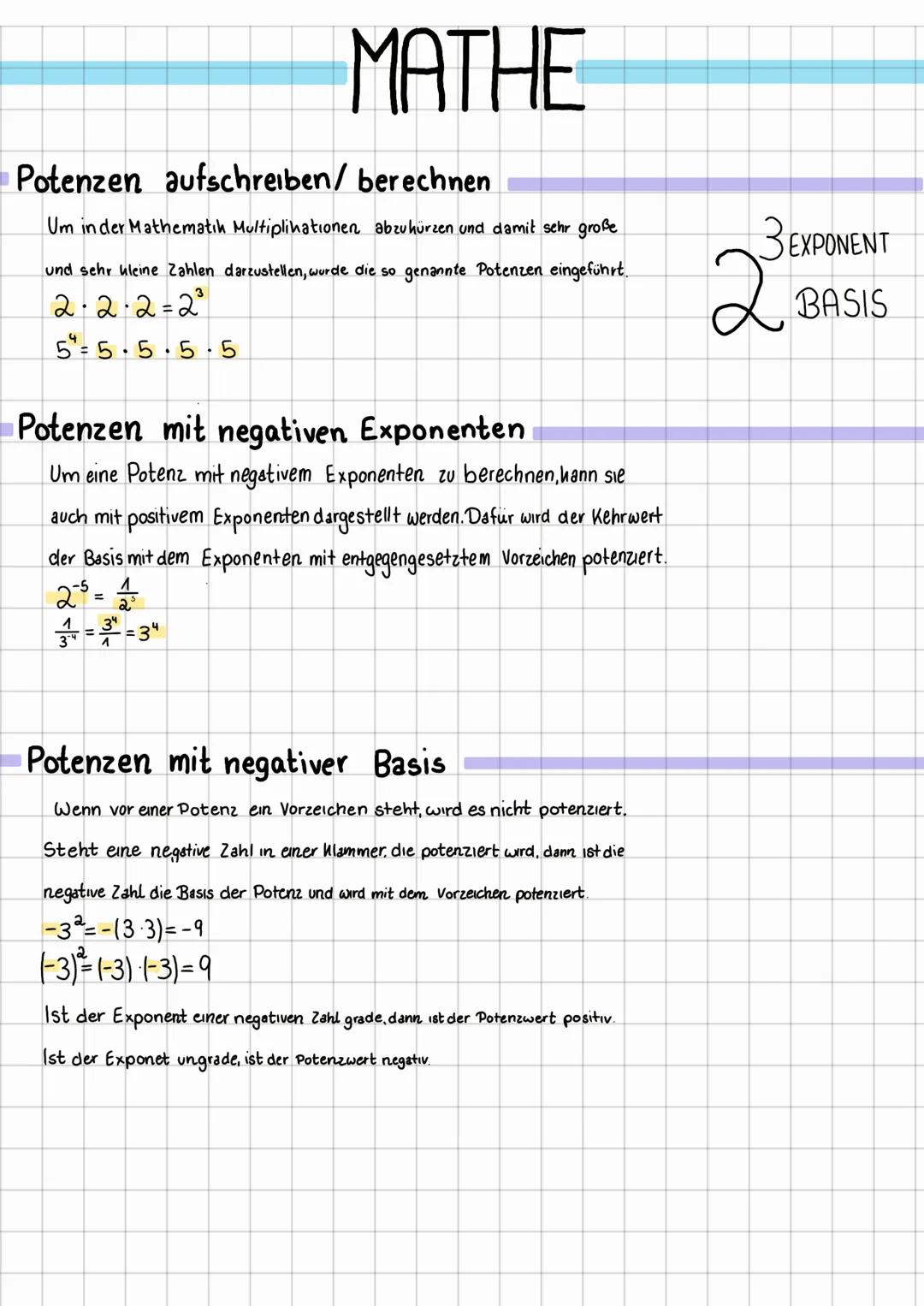 MATHE
Potenzen aufschreiben/ berechnen
Um in der Mathematik Multiplikationen abzuhürzen und damit sehr große
und sehr kleine Zahlen darzuste