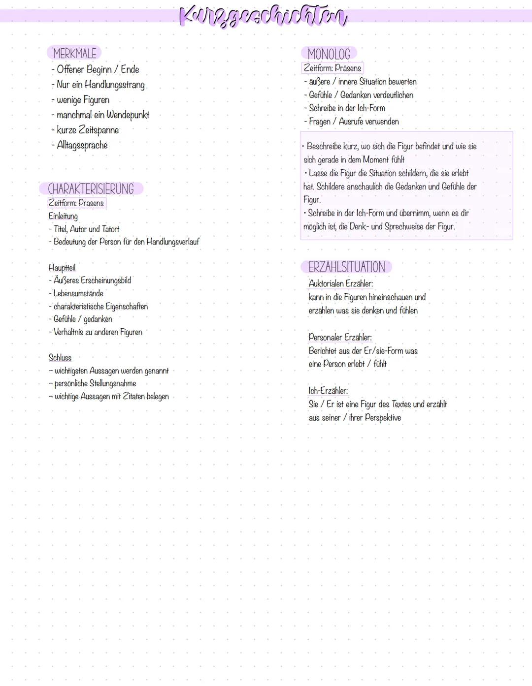 Kurzgeschich

MERKMALE
- Offener Beginn/Ende
- Nur ein Handlungsstrang
- wenige Figuren
- manchmal ein Wendepunkt
- kurze Zeitspanne
- Allta