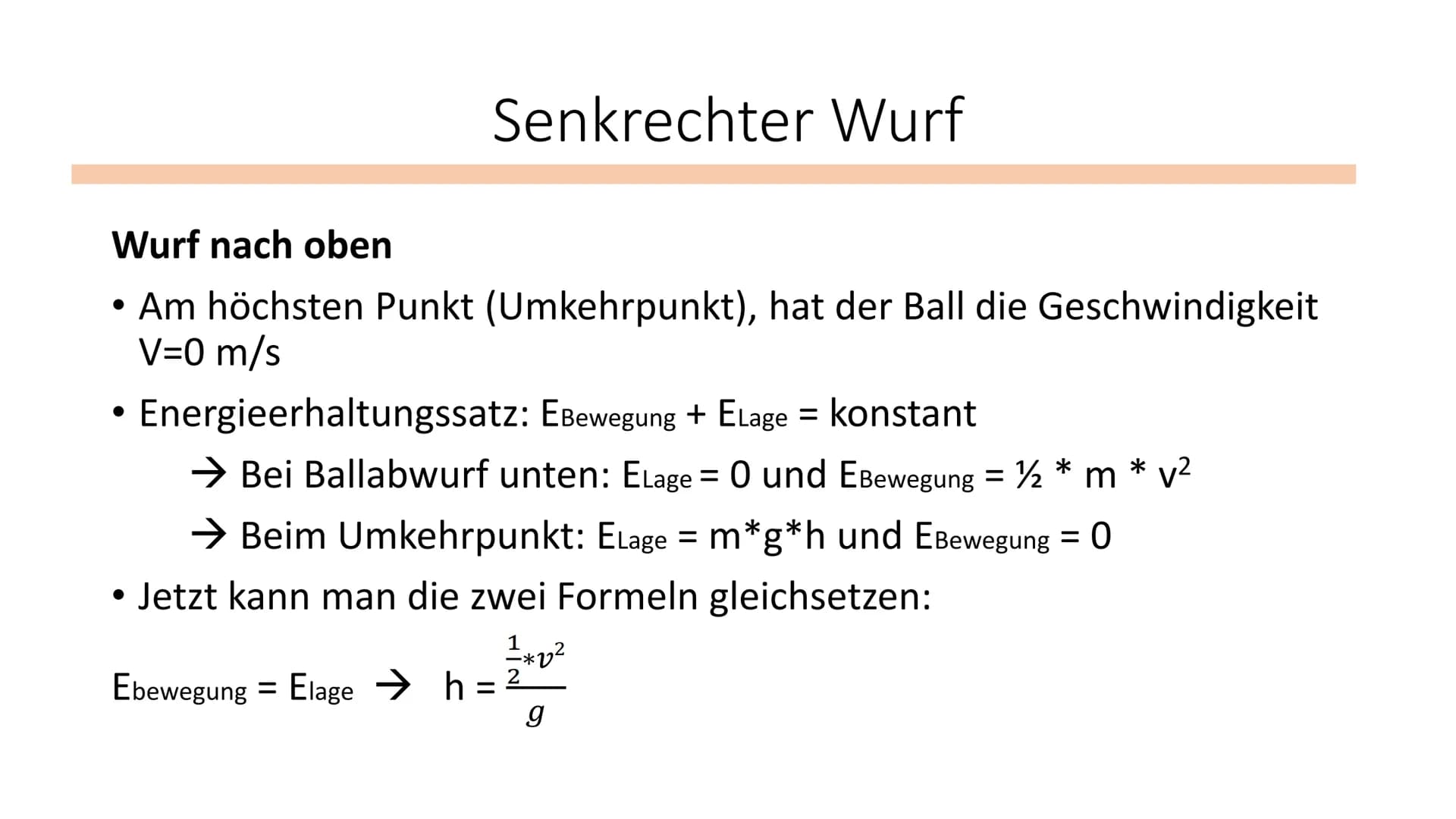 Senkrechter Wurf
Physik / Klasse 10 Wurf nach oben
Der Körper hat eine Anfangsgeschwindigkeit V
Gleichmäßig beschleunigte Bewegung: V=s/t ge