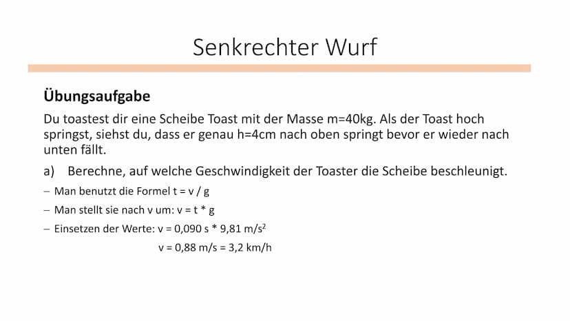 Senkrechter Wurf
Physik / Klasse 10 Wurf nach oben
Der Körper hat eine Anfangsgeschwindigkeit V
Gleichmäßig beschleunigte Bewegung: V=s/t ge