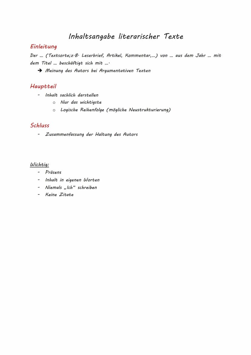 Textarten Inhaltsangabe literarischer Texte
Einleitung
Der... (Textsorte; z. B. Leserbrief, Artikel, Kommentar,...) von ... aus dem Jahr ...