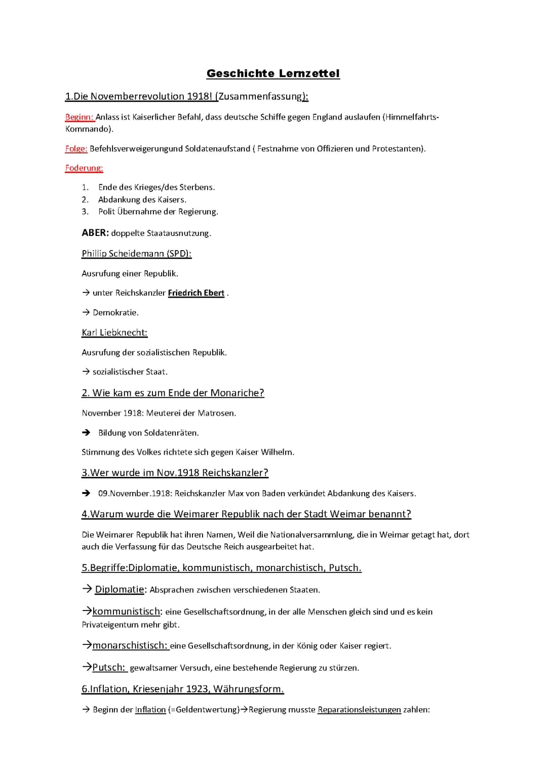 Geschichte/Novemberrevolition 1918 Kriesenjahr 1923.