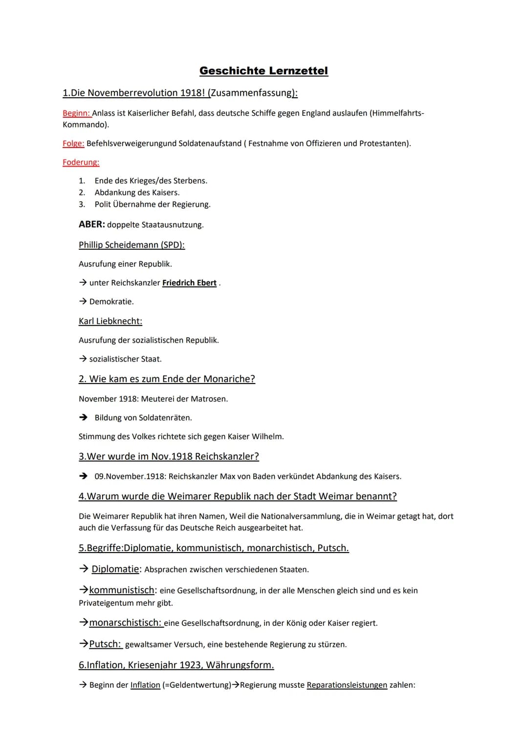 Geschichte Lernzettel
1.Die Novemberrevolution 1918! (Zusammenfassung):
Beginn: Anlass ist Kaiserlicher Befahl, dass deutsche Schiffe gegen 