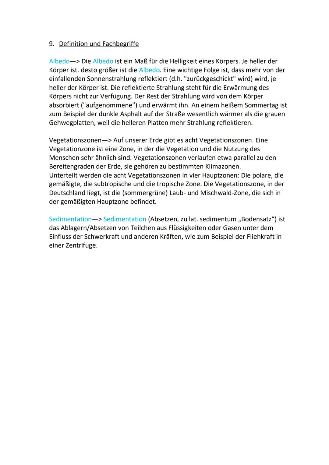 Geo Klausur
1. Auswirkungen des Klimawandels
Globale Auswirkungen:
-Das arktische Meereis schmilzt.
-Die Albedo sinkt, durch das fehlende Me