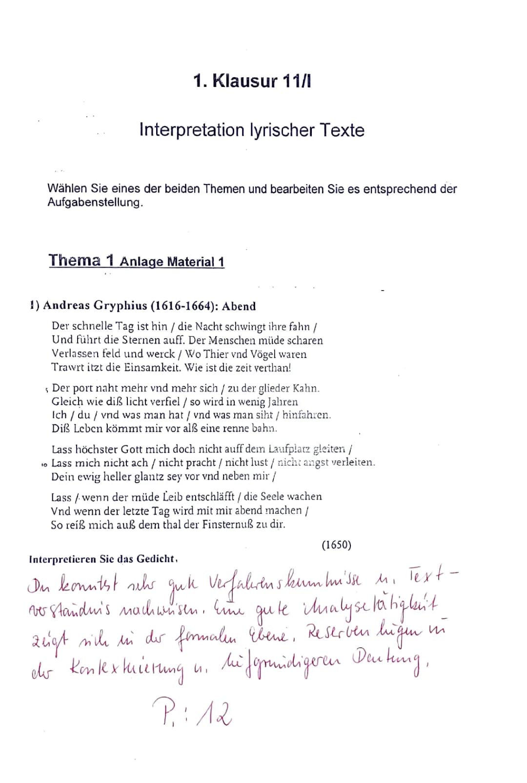 1. Klausur 11/1 - Gedichtsanalyse