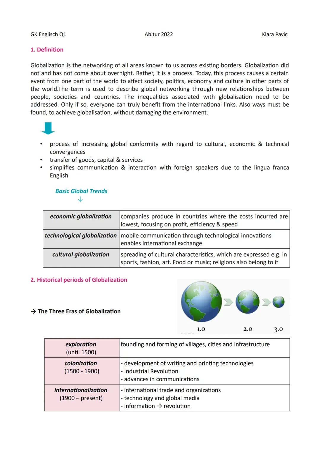 GK Englisch Q1
Inhaltsverzeichnis:
1. Definition
2. Historical periods of Globalization
2.1 The Three Eras of Globalization
2.2 Causes
3. Ty