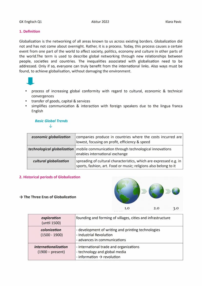GK Englisch Q1
Inhaltsverzeichnis:
1. Definition
2. Historical periods of Globalization
2.1 The Three Eras of Globalization
2.2 Causes
3. Ty