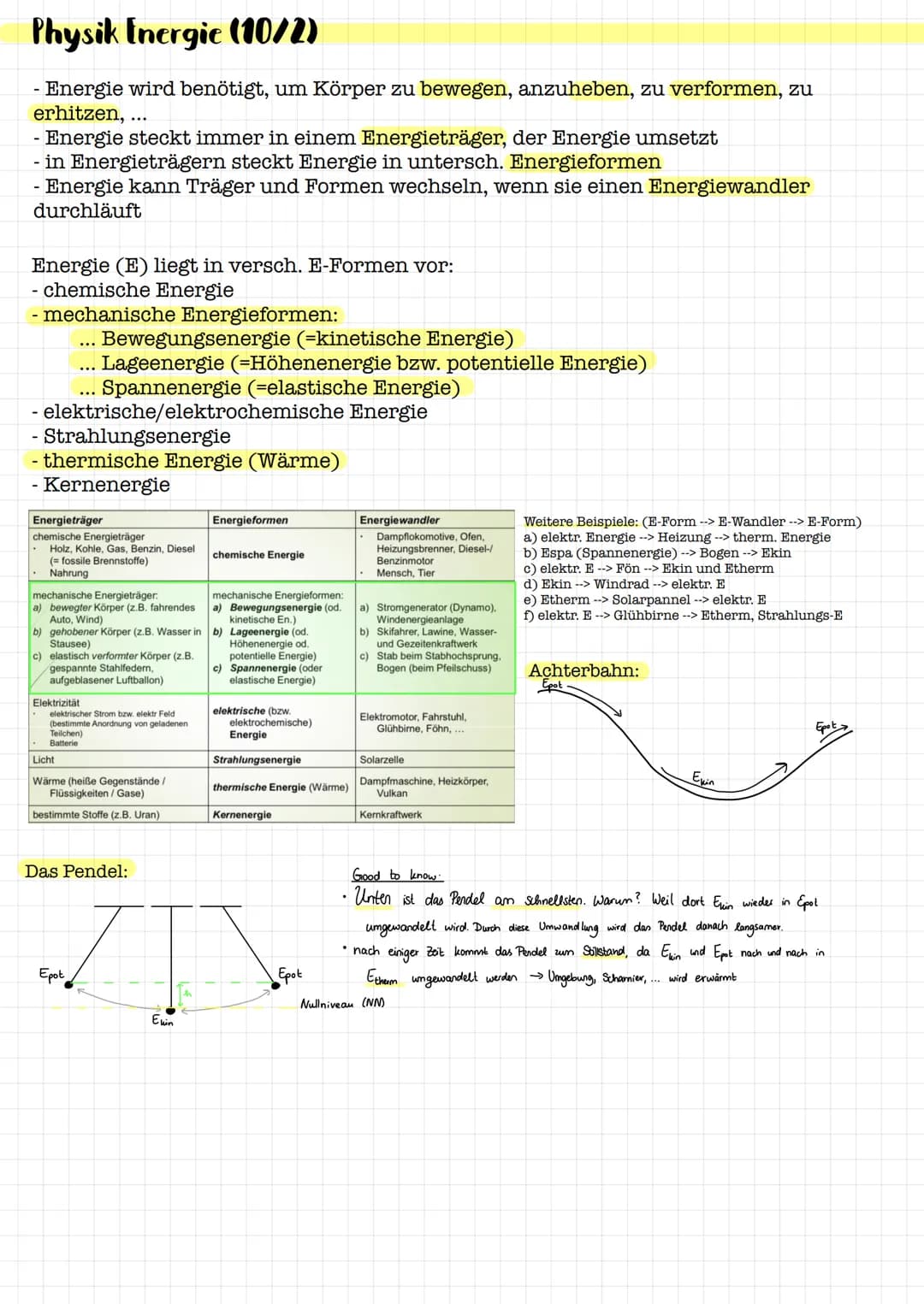 Physik Energie (10/2)
- Energie wird benötigt, um Körper zu bewegen, anzuheben, zu verformen, zu
erhitzen, ...
- Energie steckt immer in ein