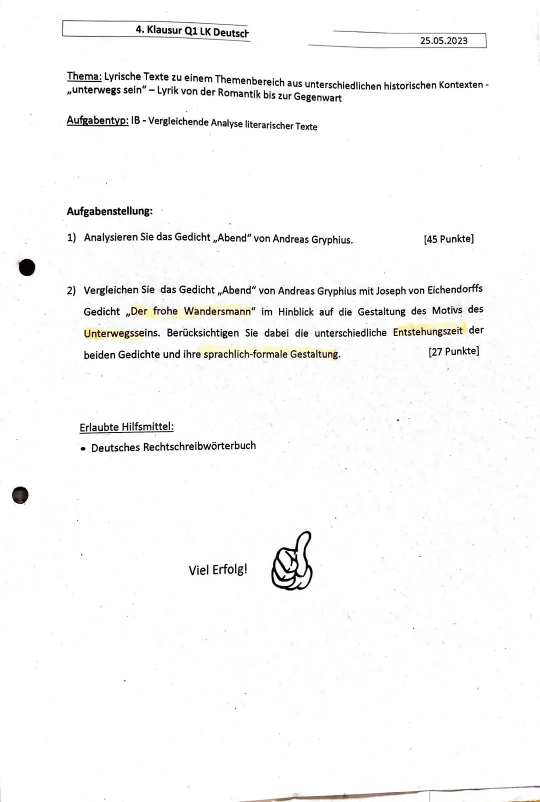 Klausur Vergleichende Gedichtsanalyse Lyrik mit Erwartungshorizont 14 Punkte